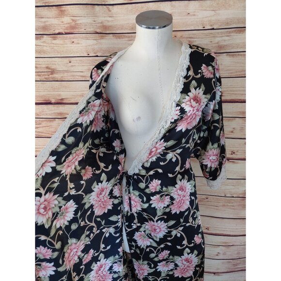 Vintage Sateen Black/Pink Floral Christian Dior Robe with Lace Trim - Picture 4 of 10